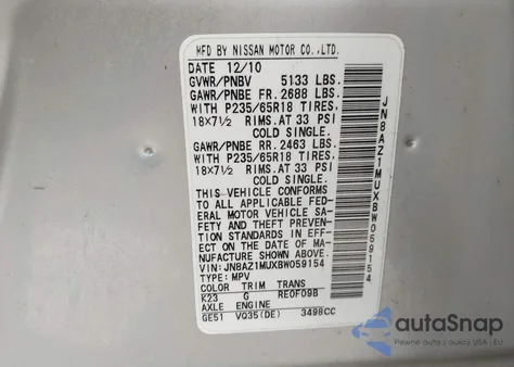 2011 Nissan Murano S from USA, damaged, VIN JN8AZ1MUXBW059154